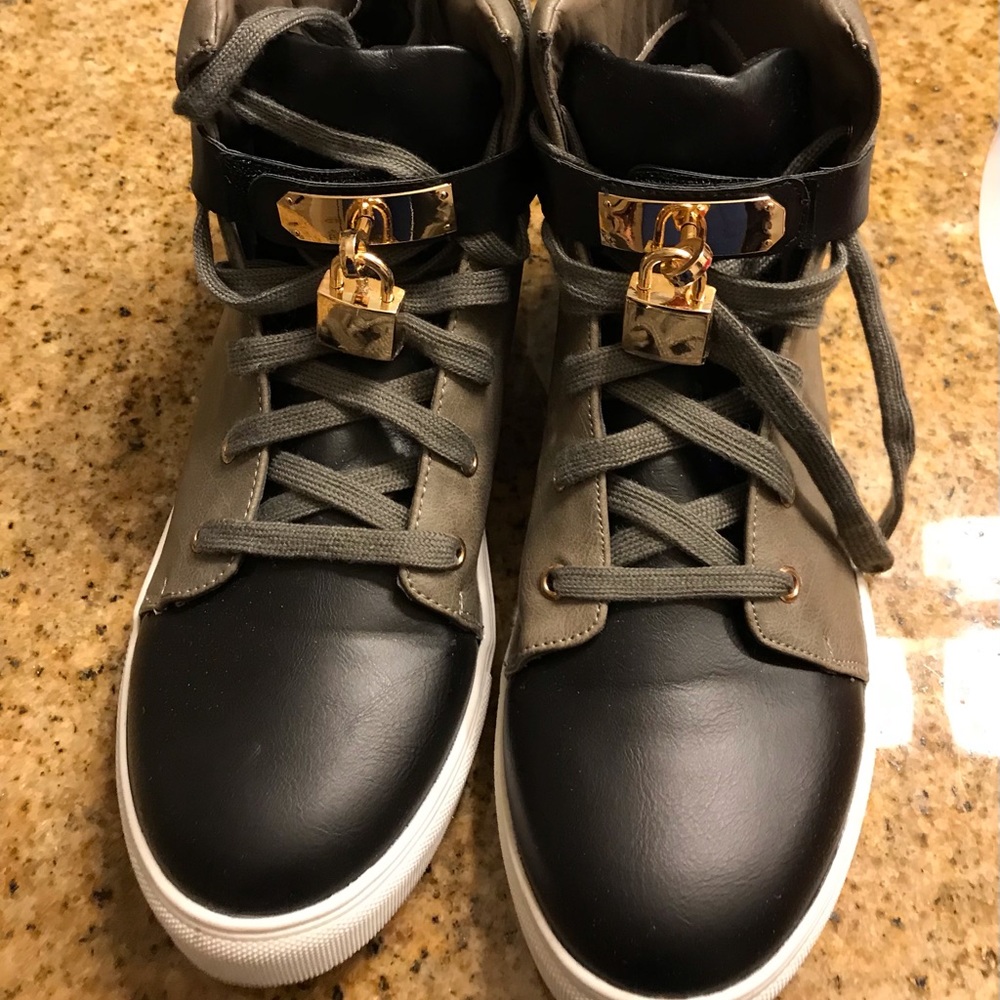 High top sneakers! Taupe and black.